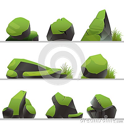 Set of stones covered with moss and grass. Stones of different shapes isolated on a white background. Stock Photo